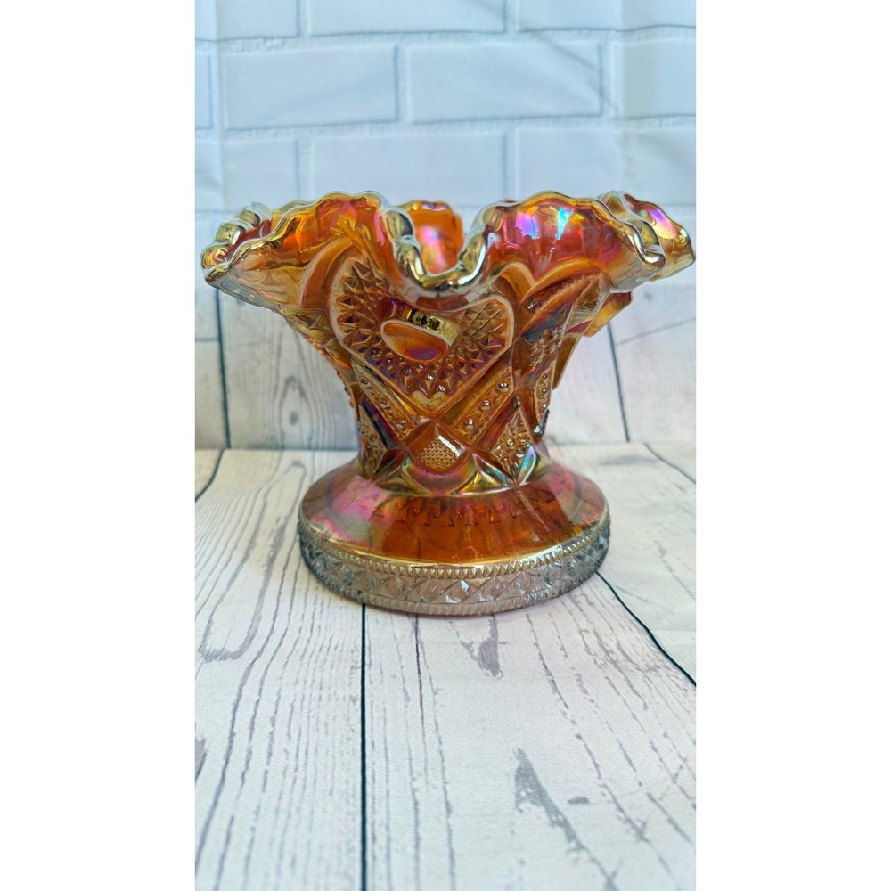 Vintage Marigold Carnival Glass Ruffled Pedastool Diamond Star Iridescent 5.5"